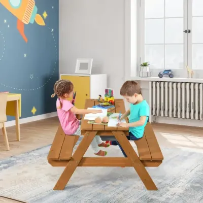 Dětský piknikový stůl 3 v 1 se slunečníkem, lavicemi a odnímatelnou stolovou deskou