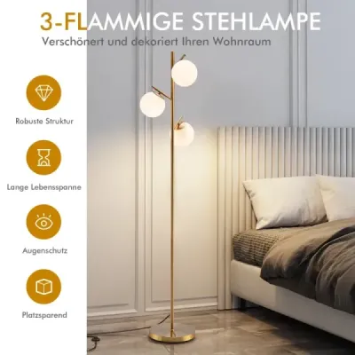 3-světelná stojací lampa s praktickým nožním spínačem a paticí žárovky E27 Lampa na čtení