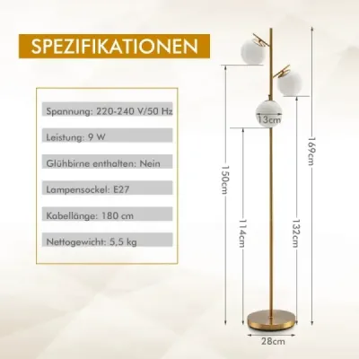 3-světelná stojací lampa s praktickým nožním spínačem a paticí žárovky E27 Lampa na čtení