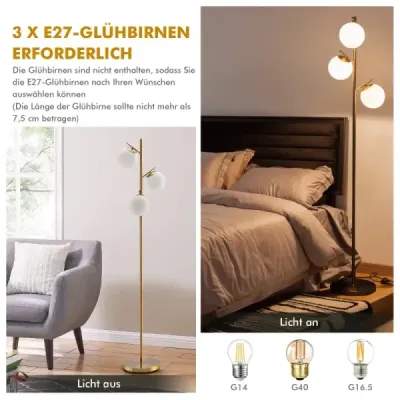 3-světelná stojací lampa s praktickým nožním spínačem a paticí žárovky E27 Lampa na čtení