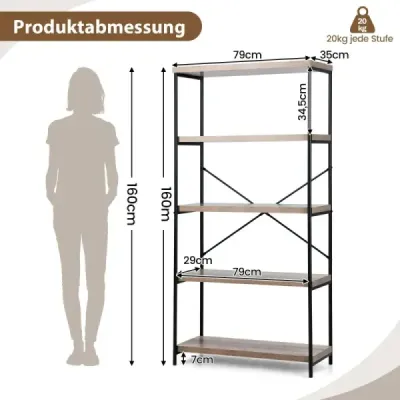 Regál s 5 úrovněmi a kovovým rámem a průmyslovým designem stojící regál kancelářský regál šedý