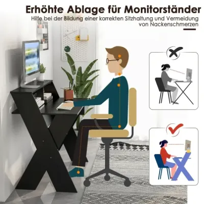 Počítačový stůl ve tvaru X se zásuvkou a stoupačkou na monitor černý