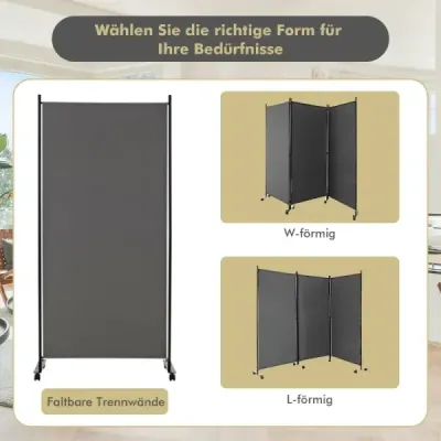 180 cm vysoká příčka místnosti na kolečkách skládací zástěna se 3 volně kombinovatelnými panely šedá