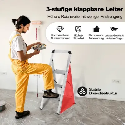 Schůdek se 3 stupni Skládací hliníková schůdková židle s protiskluzovými stupni 62 x 44 x 109 cm Stříbrná