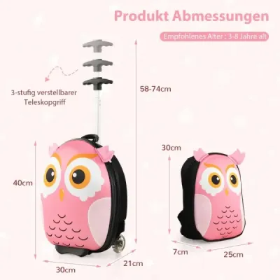 2 TLG dětský kufr a batoh s kolečky a 3-stupňovou teleskopickou rukojetí 12"+16" dětský vozík sova