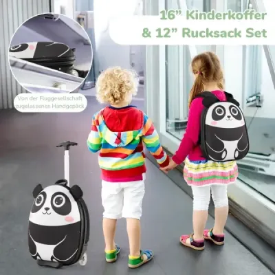 2 TLG dětský kufr a batoh s kolečky a 3-stupňovou teleskopickou rukojetí 12"+16" dětský vozík panda