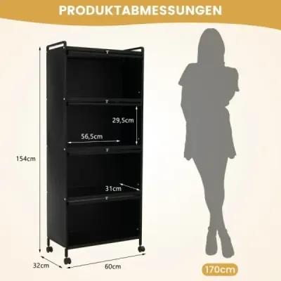Kuchyňský regál s kolečky Mobilní stojan na mikrovlnnou troubu s výklopnými dvířky z PC 60 x 32 x 154 cm černý