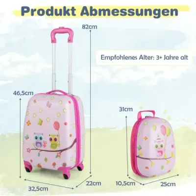 2-dílný dětský kufr + plastový batoh dětský vozík 12"+16" růžový ptáček