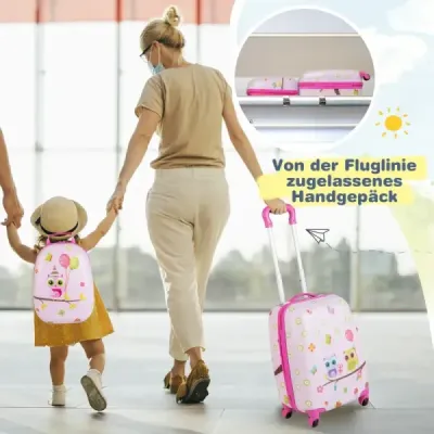 2-dílný dětský kufr + plastový batoh dětský vozík 12"+16" růžový ptáček