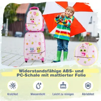 2-dílný dětský kufr + plastový batoh dětský vozík 12"+16" růžový ptáček