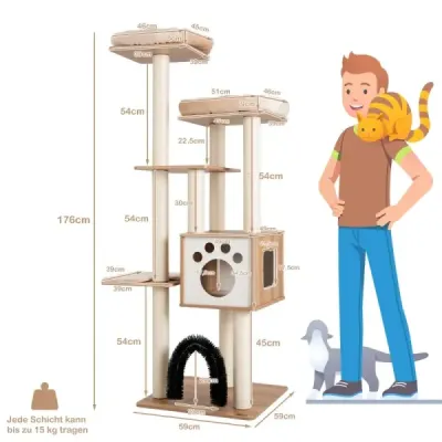 176 cm 6-patrové škrábadlo s útulnou podložkou a jeskyní a kočičím obloukem Béžová