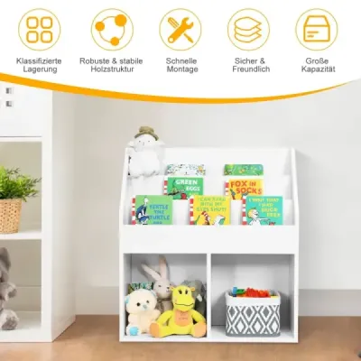 Dětská dřevěná knihovna s 3-úrovňovou policí a 2 policemi na hračky bílá
