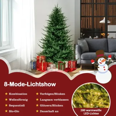 180 cm umělý vánoční stromek s 8 světelnými režimy a 280 teplými bílými LED světly