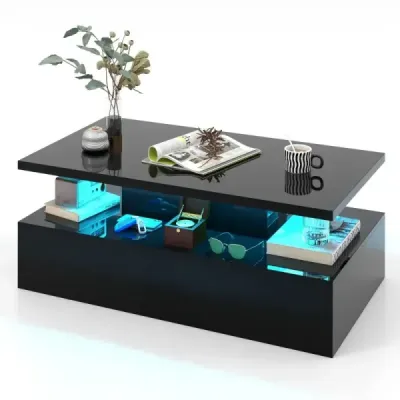 LED konferenční stolek Moderní 2patrový konferenční stolek s vysokým leskem 110 x 60 x 40 cm Černá