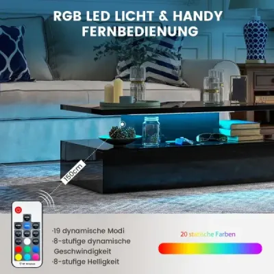 LED konferenční stolek Moderní 2patrový konferenční stolek s vysokým leskem 110 x 60 x 40 cm Černá
