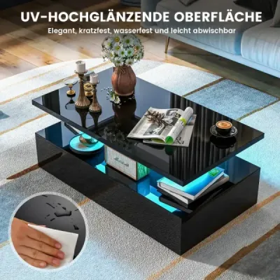 LED konferenční stolek Moderní 2patrový konferenční stolek s vysokým leskem 110 x 60 x 40 cm Černá