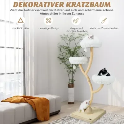 Strom pro kočky 178 cm se sisalovými škrábadly a 3 teplými lehací plochami a plyšovými míčky Béžová