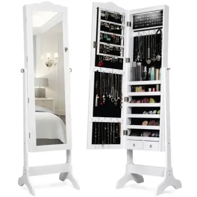 Skříňka na šperky organizér na šperky se zrcadlovými dveřmi po celé délce 41,5 x 37 x 160 cm bílá