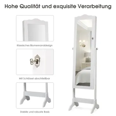 Skříňka na šperky organizér na šperky se zrcadlovými dveřmi po celé délce 41,5 x 37 x 160 cm bílá