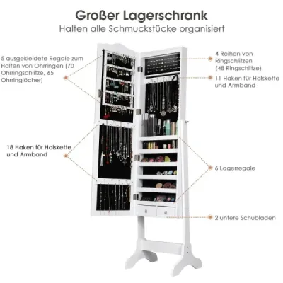 Skříňka na šperky organizér na šperky se zrcadlovými dveřmi po celé délce 41,5 x 37 x 160 cm bílá