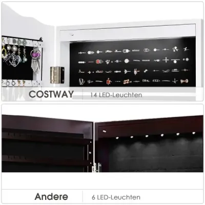 Skříňka na šperky organizér na šperky se zrcadlovými dveřmi po celé délce 41,5 x 37 x 160 cm bílá