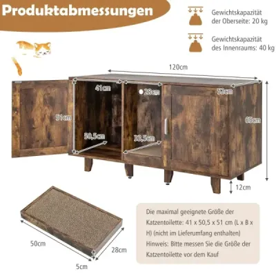 Skříňka pro kočky na odpadkový koš se 2 dvířky a škrábací deskou a vchodem 120 x 52 x 65 cm Šedá