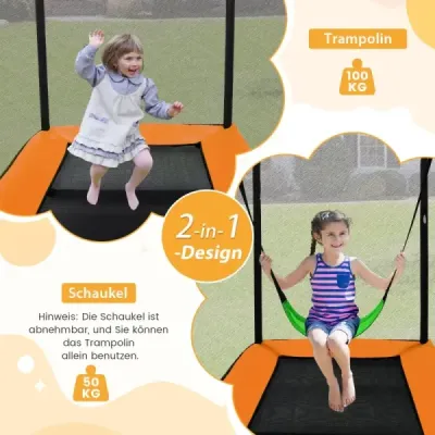 2 v 1 dětská trampolína s houpačkou a bezpečnostní sítí a krytem okrajů oranžová