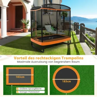2 v 1 dětská trampolína s houpačkou a bezpečnostní sítí a krytem okrajů oranžová