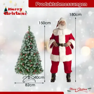 150 cm umělý vánoční stromek se světly, sněhem a koblihami a červenými bobulemi