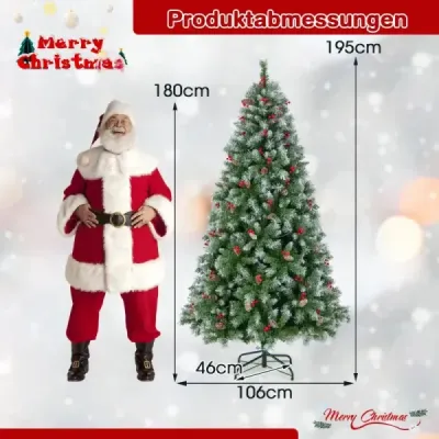 195 cm umělý vánoční stromek se světly, sněhem a koblihami a červenými bobulemi