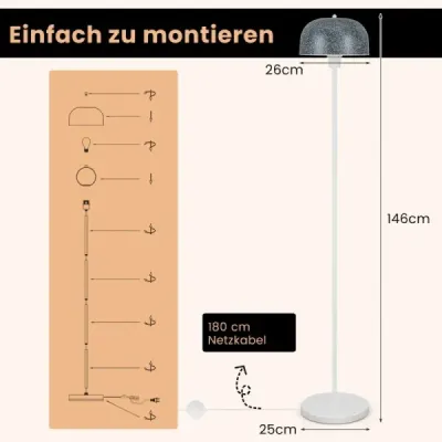 146 cm stojací lampa s nožním spínačem a paticí žárovky E27 a stínítkem Stojací lampa