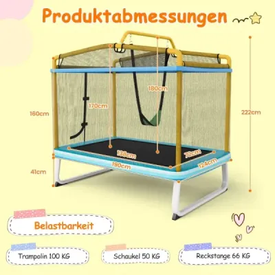 Dětská obdélníková trampolína 3 v 1 190 x 124 cm trampolína pro volný čas se sítí modrá + žlutá