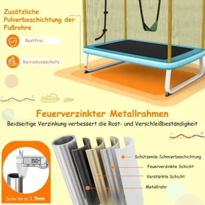 Dětská obdélníková trampolína 3 v 1 190 x 124 cm trampolína pro volný čas se sítí modrá + žlutá