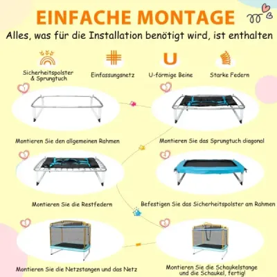 Dětská obdélníková trampolína 3 v 1 190 x 124 cm trampolína pro volný čas se sítí modrá + žlutá
