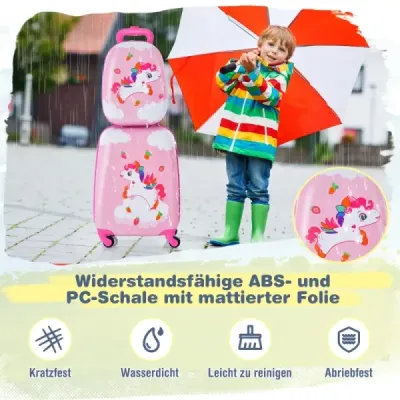 2-dílný dětský kufr + plastový batoh dětský vozík dětská zavazadla 12"+16" růžový jednorožec