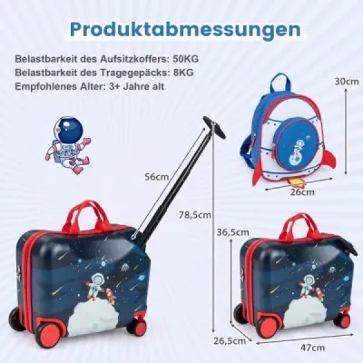 2-dílný dětský kufr + batoh 47 cm dlouhý kufr na kolečkách a 30 cm široký batoh 12"+18" astronauti