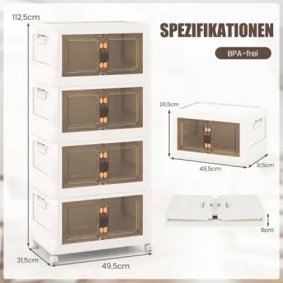 Sada 4 stohovatelných úložných boxů s víkem, kolečky a dveřmi 49,5 x 31,5 x 112,5 cm