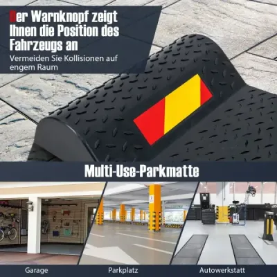 2 parkovací rohože s brzdovým prahem Robustní parkovací pomůcka s výstražnými pásy Prémiová zarážka kol