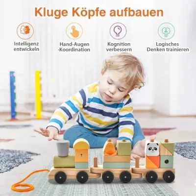 3dílná dřevěná železniční souprava se stohovatelnými stavebními bloky, roztomilými zvířecími vzory a háčkovými spoji