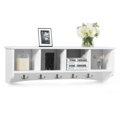 Nástěnná vstupní skříňka se 4 úložnými jednotkami a 5 dvojitými háčky moderní dekorativní nábytek 72 x 15 x 23 cm bílá