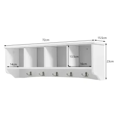 Nástěnná vstupní skříňka se 4 úložnými jednotkami a 5 dvojitými háčky moderní dekorativní nábytek 72 x 15 x 23 cm bílá