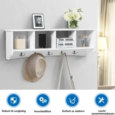 Nástěnná vstupní skříňka se 4 úložnými jednotkami a 5 dvojitými háčky moderní dekorativní nábytek 72 x 15 x 23 cm bílá