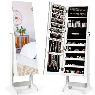 2 v 1 skříňka na šperky se zrcadlem uzamykatelný organizér na šperky 41 x 36,5 x 146 cm bílá