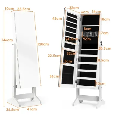 2 v 1 skříňka na šperky se zrcadlem uzamykatelný organizér na šperky 41 x 36,5 x 146 cm bílá