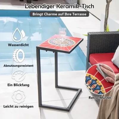 Boční stolek ve tvaru písmene C Rozkládací stolek s kovovým rámem Stolek na terasu 46,5 x 32 x 65,5 cm Černá + červená