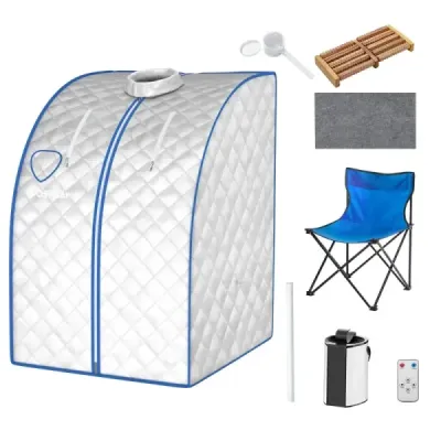 Přenosná parní sauna s parním kotlem 3 l/1000 W a dálkovým ovládáním a skládacím křeslem a lékárničkou Parní sauna s 9 nastavitelnými teplotami Stříbrná