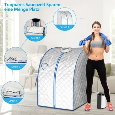 Přenosná parní sauna s parním kotlem 3 l/1000 W a dálkovým ovládáním a skládacím křeslem a lékárničkou Parní sauna s 9 nastavitelnými teplotami Stříbrná