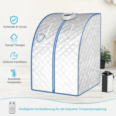 Přenosná parní sauna s parním kotlem 3 l/1000 W a dálkovým ovládáním a skládacím křeslem a lékárničkou Parní sauna s 9 nastavitelnými teplotami Stříbrná