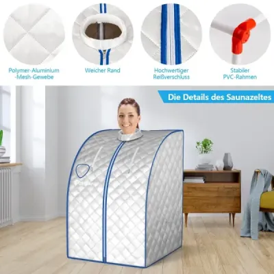 Přenosná parní sauna s parním kotlem 3 l/1000 W a dálkovým ovládáním a skládacím křeslem a lékárničkou Parní sauna s 9 nastavitelnými teplotami Stříbrná