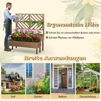 2-vrstvý zahradní záhon s dřevěným trellisovým květináčem s nohama Drenážní otvor Nádoba na rostliny hnědá